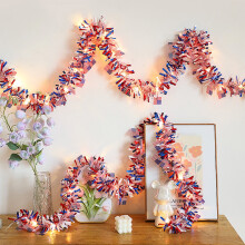 Patriotic Tinsel Garland 9.8FT, Red White Blue Metallic Flag Garland for Independence Day, Memorial Day, Fireplace & Door Decor
