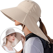Solhatt med bred brem for kvinner, halsklaff og hestehale, UV-beskyttelse for fiske, fotturer, camping, beige