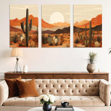 Conjunto de quadros decorativos em tela com tema de deserto (61 x 91 cm, 3 peças) – Cactos, estilo moderno de meados do século XX, decoração