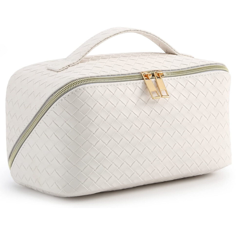 White Travel Makeup Bag, Women's Makeup Bag, Waterproof Portable Makeup Bag With Handle And Divider Flat Lay Makeup Organizer Bag Ï¼Whiteï¼
