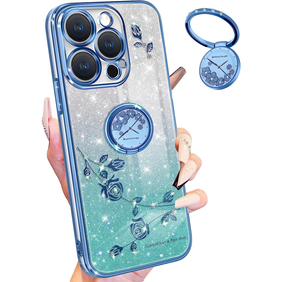 3-In-1 Glitter Iphone 14 Pro Max Case (6.7") Â Sparkly Floral Design With Ring Holder, Pretty Bling Shiny Cover For Women & Girls Â Blue 9028731055060