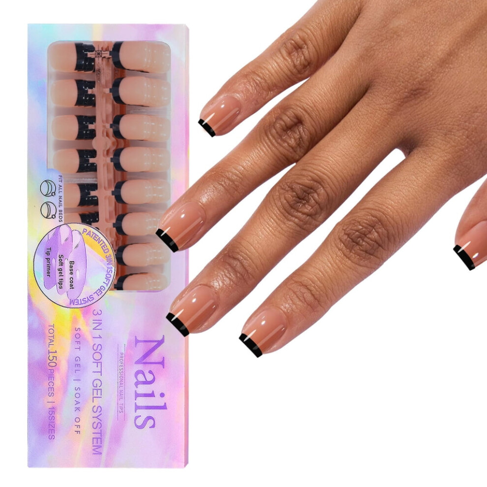 150Pcs Press On Nails Gel False Nail Tips 3 in 1 Pre-Colored French Nails Fake Nails 14 Sizes for Nail Extensions