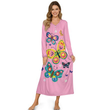 Women's Long Sleeve Button-Front Sleepshirt, Cozy Nightgown for Sleep & Relaxation – 2XL, Butterfly Flower Pink, Compatible with All Body Types