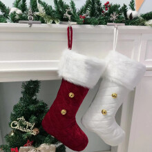 2-Pack Red & White Plush Faux Fur Christmas Stockings with Bells – Deluxe Fuzzy Holiday Decor, Fireplace Hanging Ornaments, Candy Gift Bags