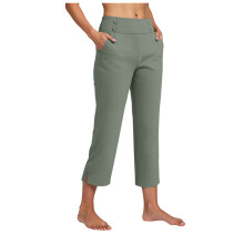 Capribukser til kvinder, stretch, højtaljede, cropped, kontorarbejdsbukser, afslappet sommer, capribukser, yogakjole, lysegrøn, M