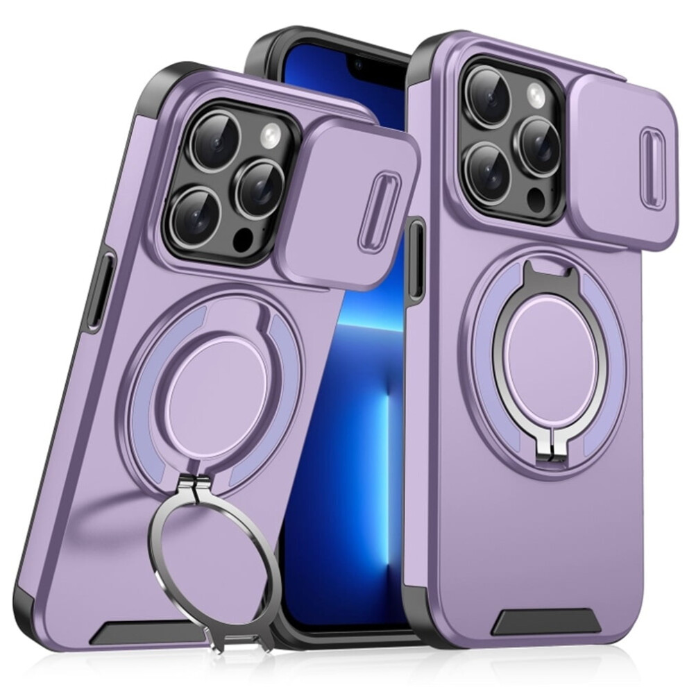 Heavy Duty Shockproof Case For Iphone 13 Pro 6.1", With Slide Camera Cover, Rotatable Kickstand & Sliding Ring Â Purple 9028731609577
