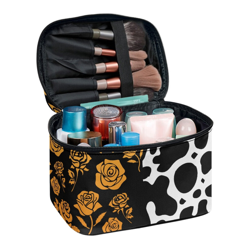 Portable Makeup Cosmetic Bag Organizer Zipper Storage Bag Rose and Cow Print Pattern Brush Protectors Brush Storage Handle for Woman