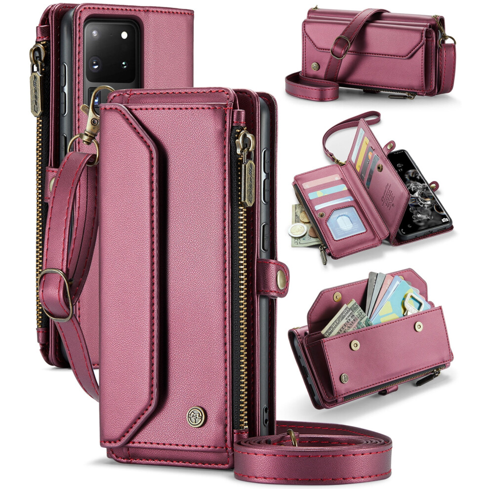 Caseme Leather Wallet Case For Compatible With Samsung Galaxy S20ultra Â Rfid Blocking, 10-Card Holder, Zipper Bills Slot, Magnetic Wrist Strap 9028731609553