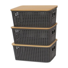 Xoxingysm Plastic Hollow Storage Basket with Bamboo Lid, Gray – Stackable Pantry & Desktop Organizer