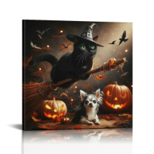Vintage Halloween Black Cat & Pumpkin Canvas Wall Art – Gothic Horror Poster for Living Room, Party Decor (Framed)