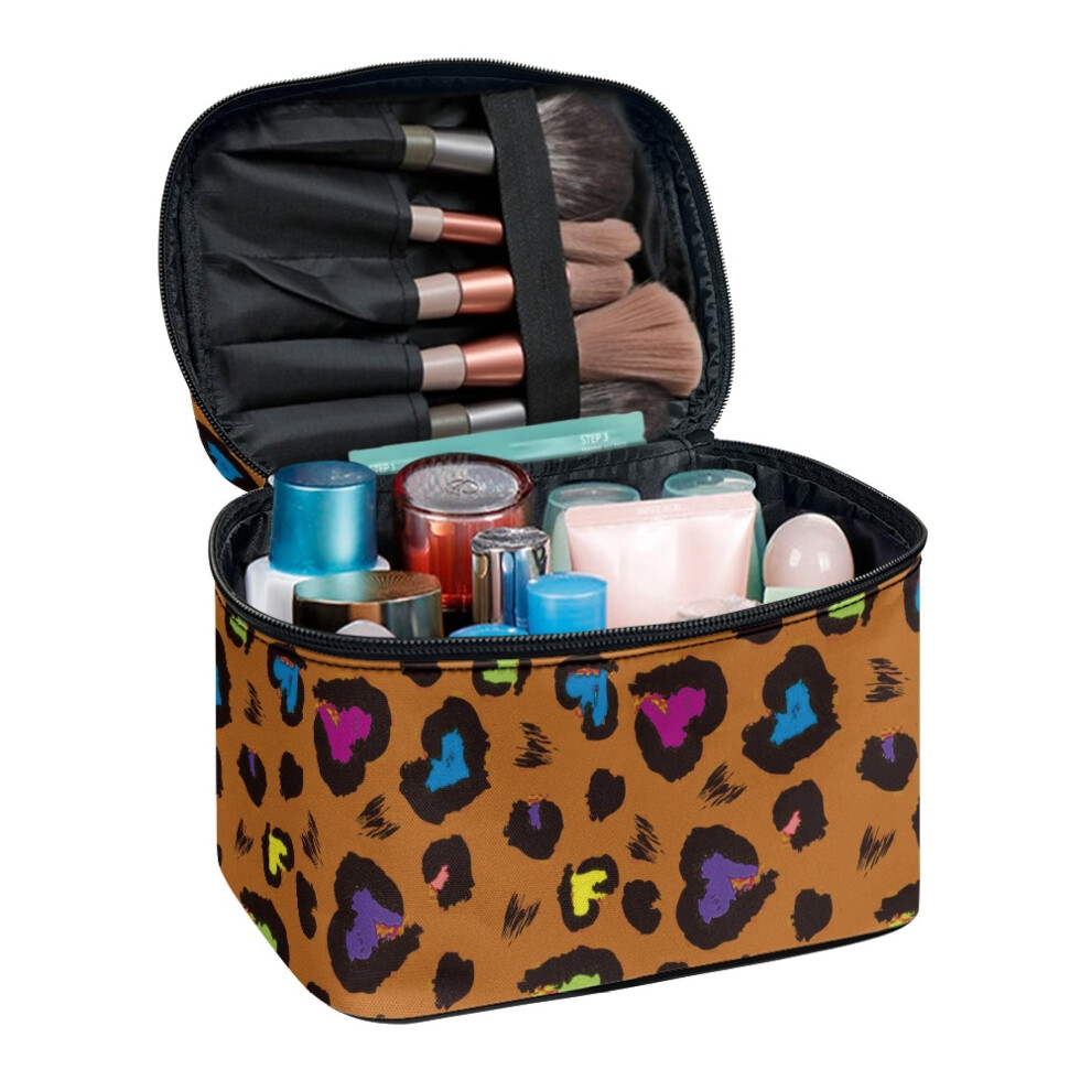 Brush Slots Makeup Bag Travel Toiletry Bag Polyester Double Zip Travel Cosmetic Makeup Bag, Colorful Leopard Print