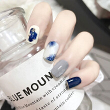 Blue Marbling Fake Nails No Irritating Smell Higher Gloss Nails for Trendy Women Hand Makeup Glue Models