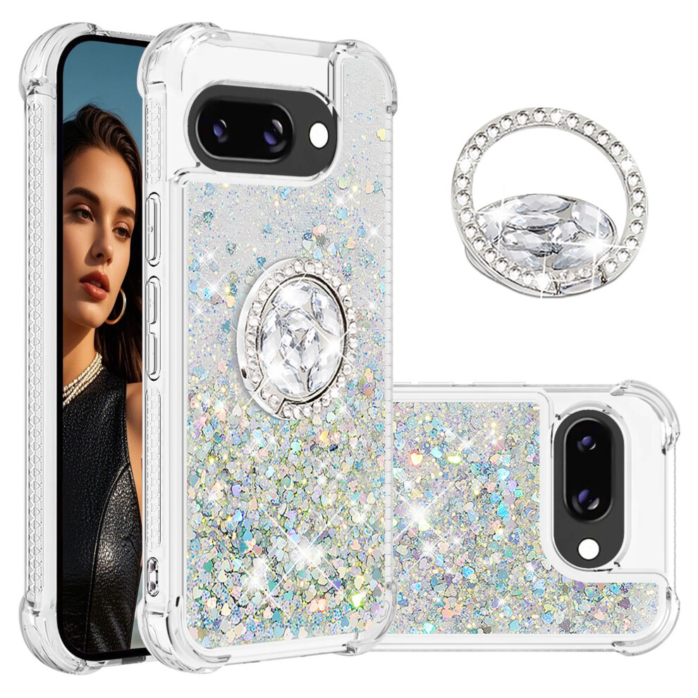 Ccsmall Clear Glitter Case For Google Pixel 9A Â Quicksand Sparkle, Diamond Ring Kickstand, Lsz Silver 9028731708942
