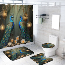 Peacock Shower Curtain Set with Non-Slip Rug, Toilet Lid Cover & 12 Hooks – Blue Feather Bird Flower Design, 72x72"