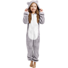 Bear Ear Plush Lined Thickened One-Piece Pyjama Set + Hooded Pyjama Set One-Piece Pyjamas Ages 3-12,120,Grey