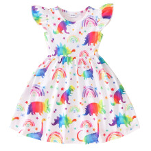 Kleinkind Mädchen Kinderkleid mit Fliegenärmeln, Cartoon-Dinosaurier-Print, Sommerkleid für Strand, Partykleid, Prinzessinnenkleid