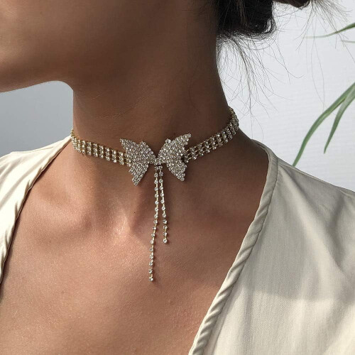 Colier tip choker cu strasuri și fluture de cristal