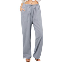 Plus size damebukser i hør, palazzo-slacks med vide ben, sorte højtaljede joggingbukser i bomuld/hør, strækbare og komfortable – passer til