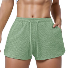 Dame pysjamasshorts med vaffelstrikk, myke loungebukser med snøring, avslappet treningsshorts med lommer, lys grønn M