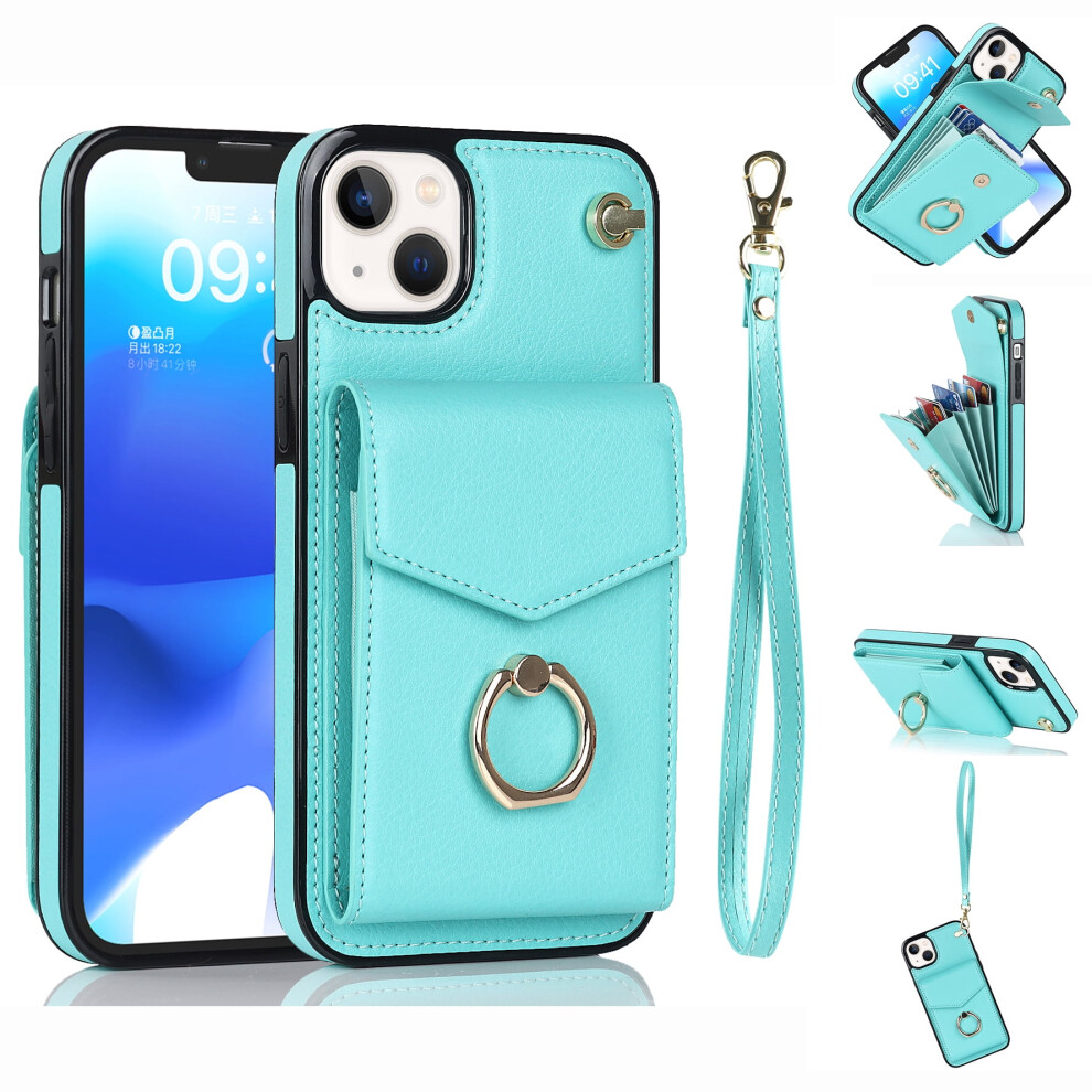 Iphone 13 Wallet Case Â Rfid Blocking, Shockproof, Magnetic Ring Holder, Kickstand, Detachable Wrist Strap, Mint 9479868415263