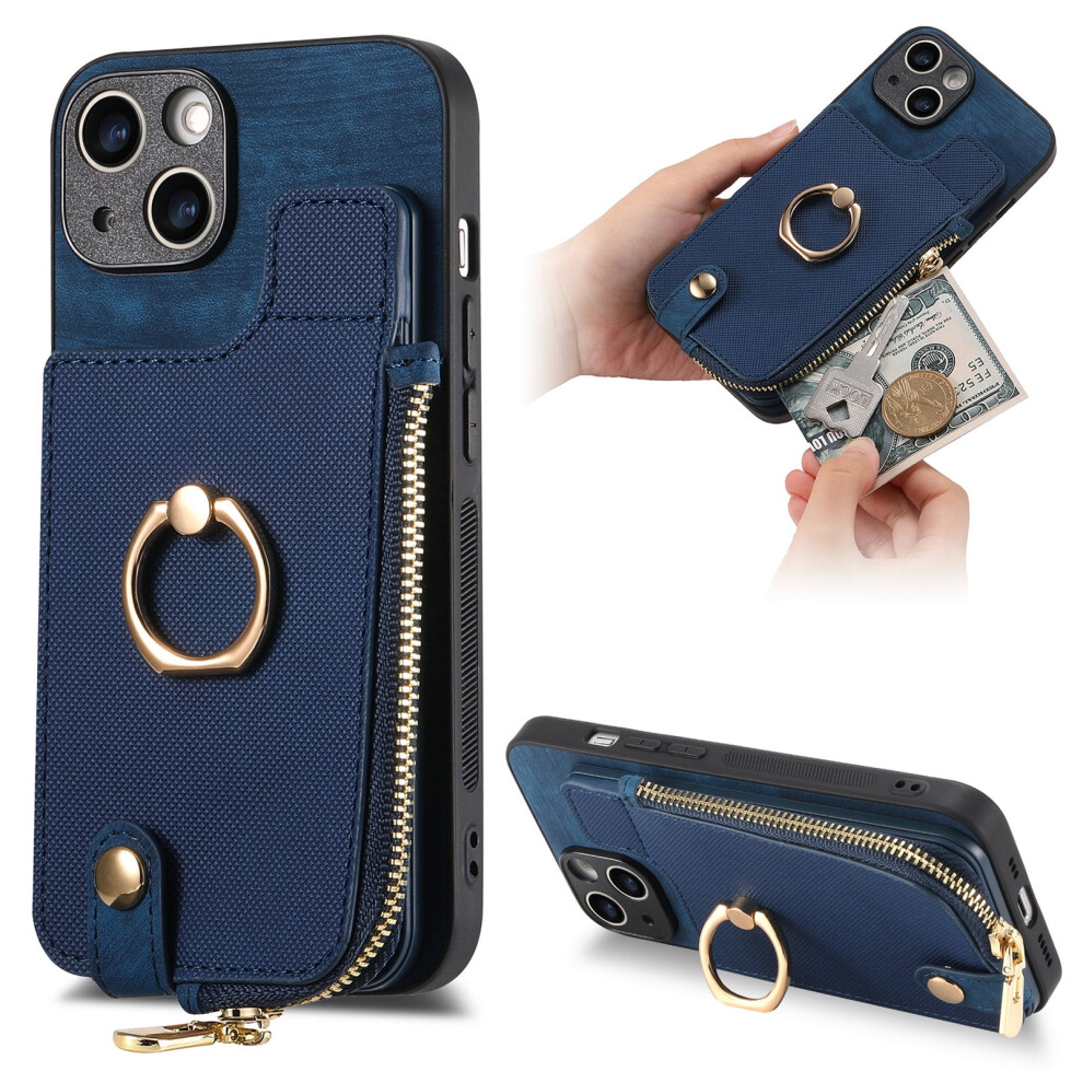 Tech Circle Wallet Case For Iphone 15 (6.1") Â Leather Cover With Zipper Pocket, Card Slot, Kickstand & Ring Holder Blue 9479868416291