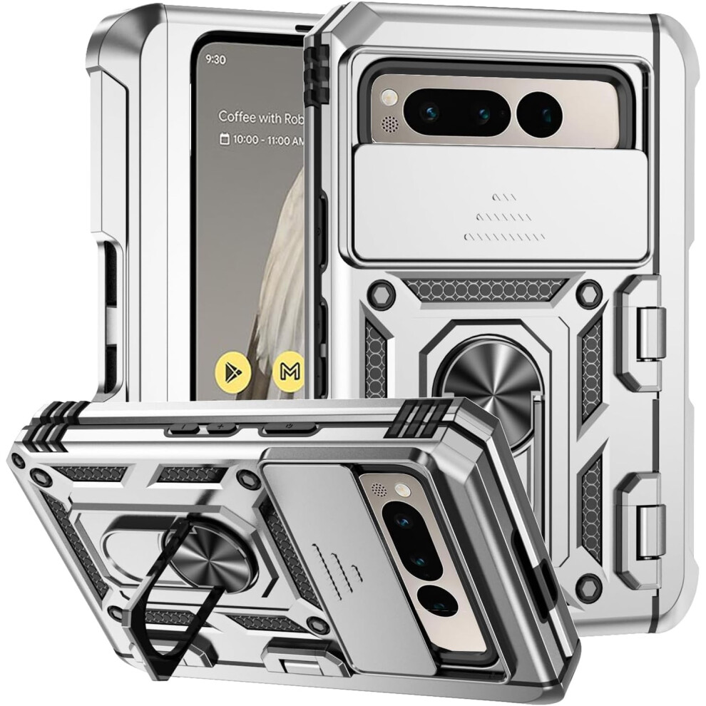 Google Pixel Fold Case With Camera Lens Protector, Slide Cover, Kickstand, Shockproof Rugged Shield & Ring Holder (Black) Black 9479868415676