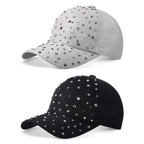 Rhinestone Baseball Cap Adjustable Breathable 2 Pcs
