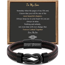 Men's Brown Woven Leather & Stainless Steel Bracelet, Engraved 'Love You Forever', Compatible with All Men