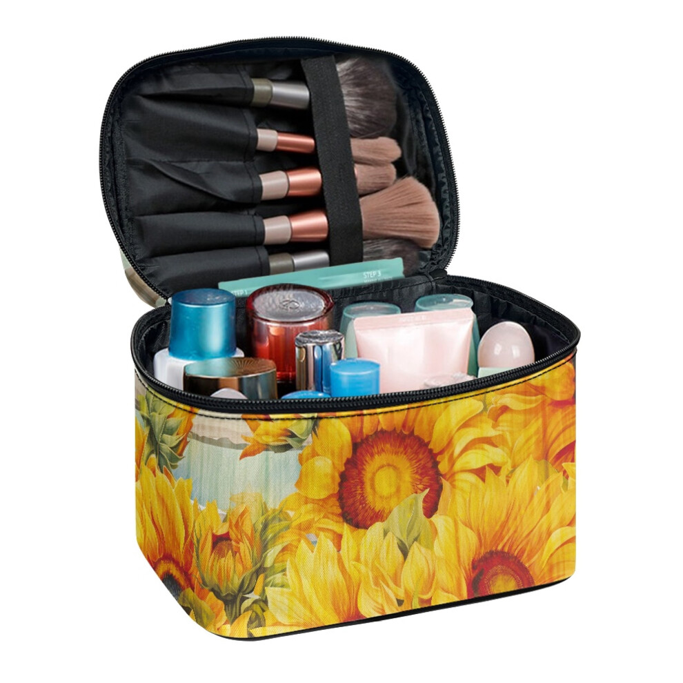 Portable Cosmetic Makeup Bag Sunflower Multi-Function Makeup Organizer Brush Holders