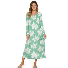 Camisola feminina de manga comprida com decote em V – Camisola macia com botões frontais, estampa de folhas verdes, tamanho 2XL, ideal para dormir