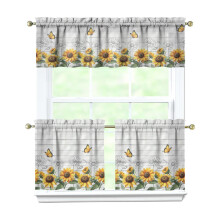 Sunflowers on Grey Wood 3-Pc Kitchen Curtains Set with Valance, Rod Pocket, Machine Washable (54"x18"+2x27.5"x24")