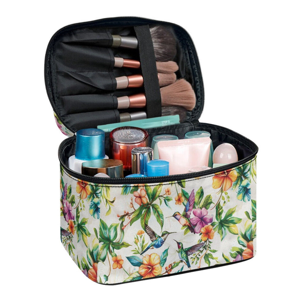 Hummingbird Floral Cosmetic Toiletry Bag, Portable Hanging Organizer, Double Zip, Polyester, Large Capacity, Space-Efficient Travel Makeup Bag for