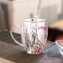 Insulated Double-Layer Glass Cup with Handle, 350ml Artistic Espresso Mug, Anti-Scald Double Wall Coffee Cup with Dried Flowers – Compatible with