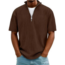 Heren Shirts met Kwartrits, Gebreide, Getextureerde, Casual Shirts met Korte Mouwen, Golfshirts Donkerbruin L