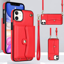 RFID-Blocking Crossbody Wallet Case for iPhone 15 Plus – Leather Magnetic Flip Cover with Strap & Lanyard, Red