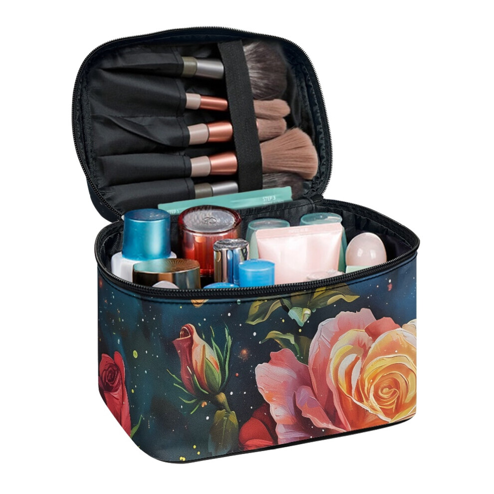 Rose Pattern Portable Cosmetic Bag with Brush Slots, Large Capacity Travel Organizer â Compatible with All Standard Brushes