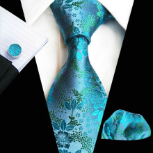 Men Colorful Floral Printed Tie Pocket Square Cufflinks Party Handkerchief Set