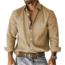 Men Button Shirts Linen Beach Long Sleeve Casual Tops Khaki L