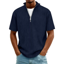 Heren Shirts met Kwartrits, Gebreide, Getextureerde, Casual Shirts met Korte Mouwen, Golfshirts Marineblauw XL
