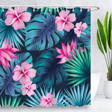 BLINGPAINTING Dusjforheng med blomstermotiv, tropisk palmeblad, vaskbart stoff med kroker