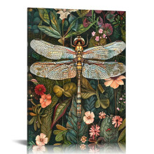 Tablou de perete texturat 3D vintage înrămat pe pânză – Libelulă gotică, imprimeu botanic cu natură, decor poster pentru sufragerie și