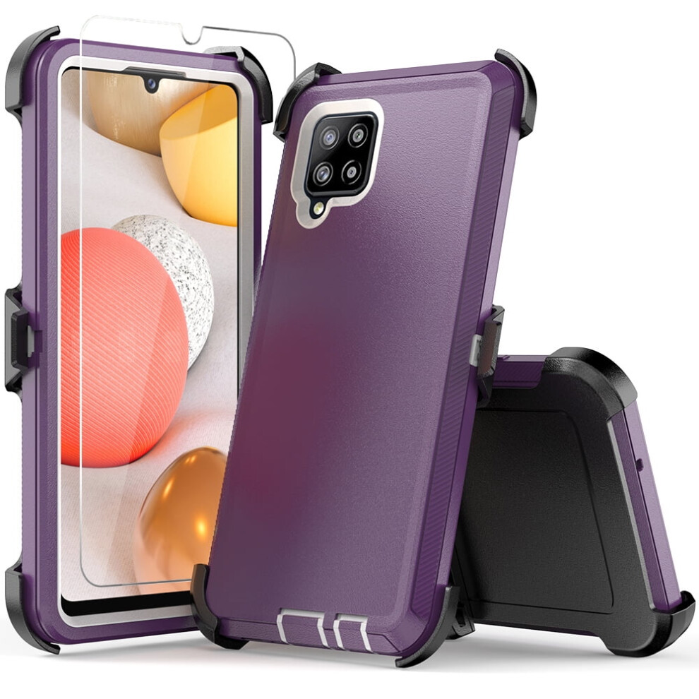 Compatible With Samsung Galaxy A42 5G Case +Screen Protectors + Belt-Clip Holster, Cover Military Grade Shockproof Heavy Duty Purle+ White 9028731002446