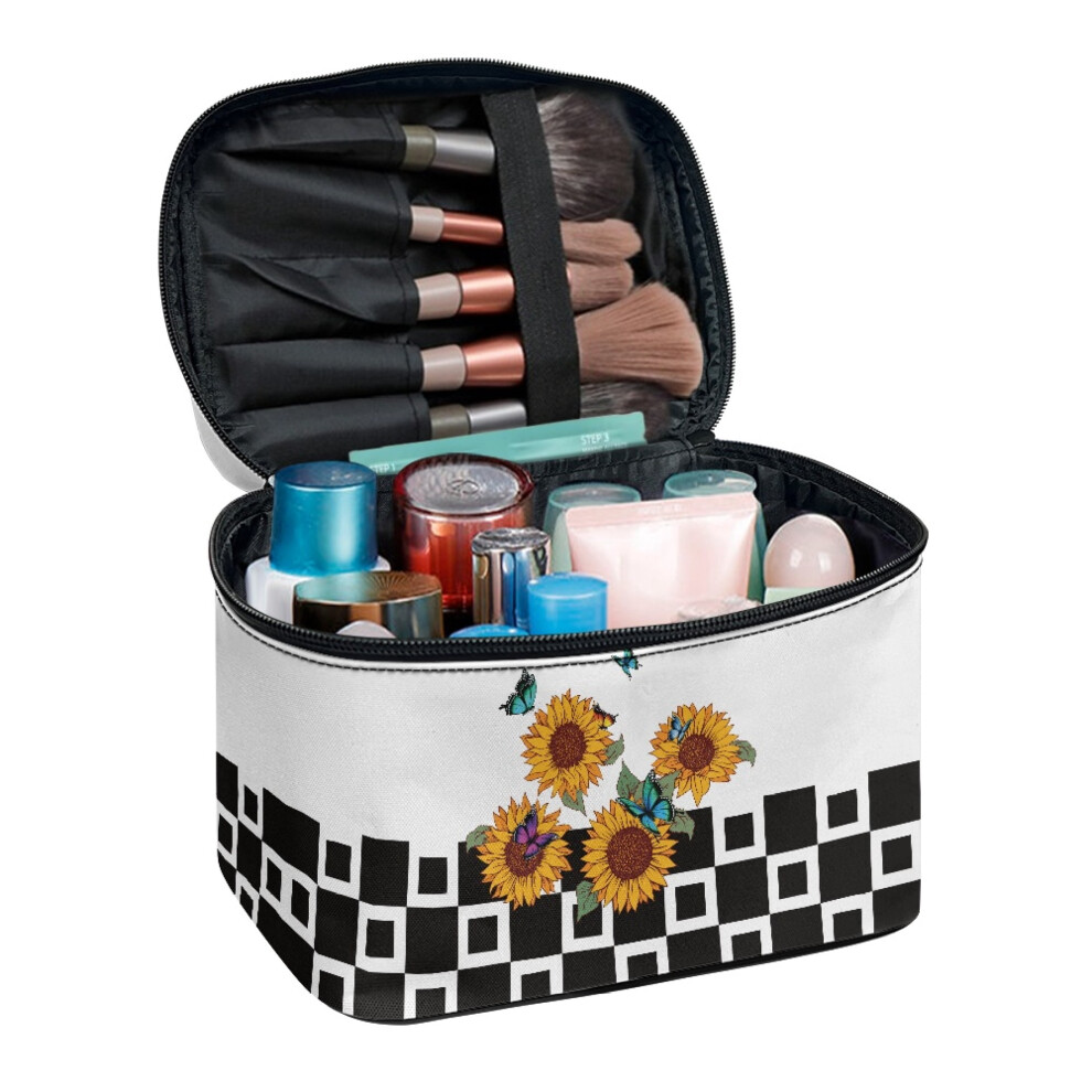Butterfly and Sunflower Pattern Wide Open Portable Pouch Travel Makeup Bag with Brush Slots Makeup Brush Holder Bag 8.86 x 6.5 x 5.9 Inches
