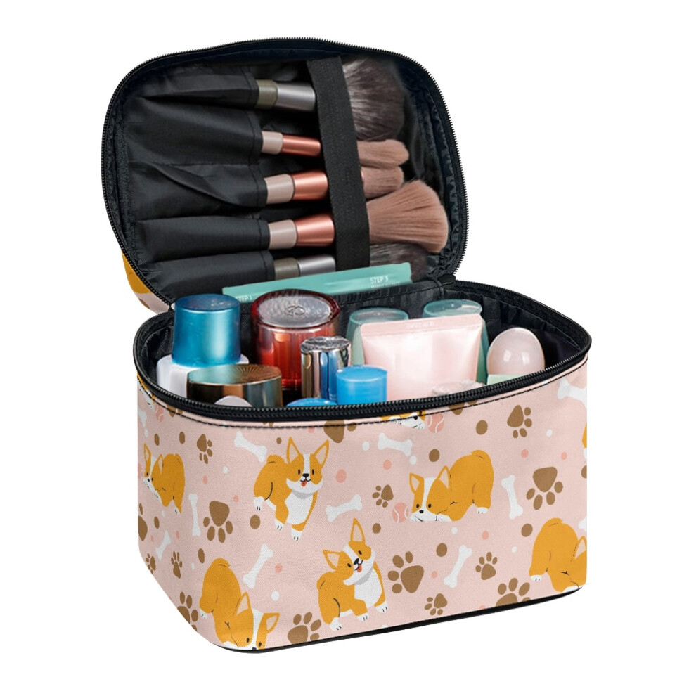 Polyester Travel Makeup Case Organizer Work Touch-Ups Corgi Paw Play Handle Brush Slots Thoughtful Gift For Friend Large Capacity