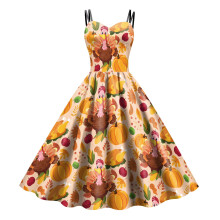 Women's Thanksgiving Turkey And Pumpkin Print Halterneck Dress Gothic Dresses plus Size