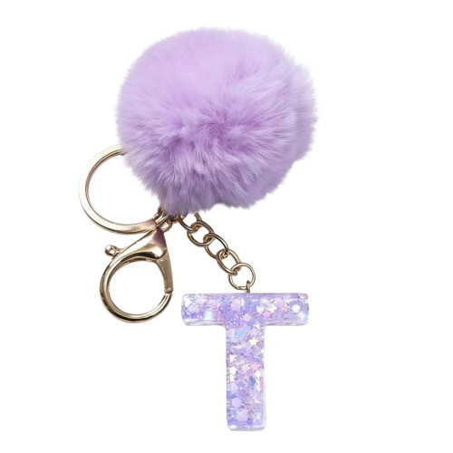 Purple Velvet Ball Keychain Set with Initial – Gift