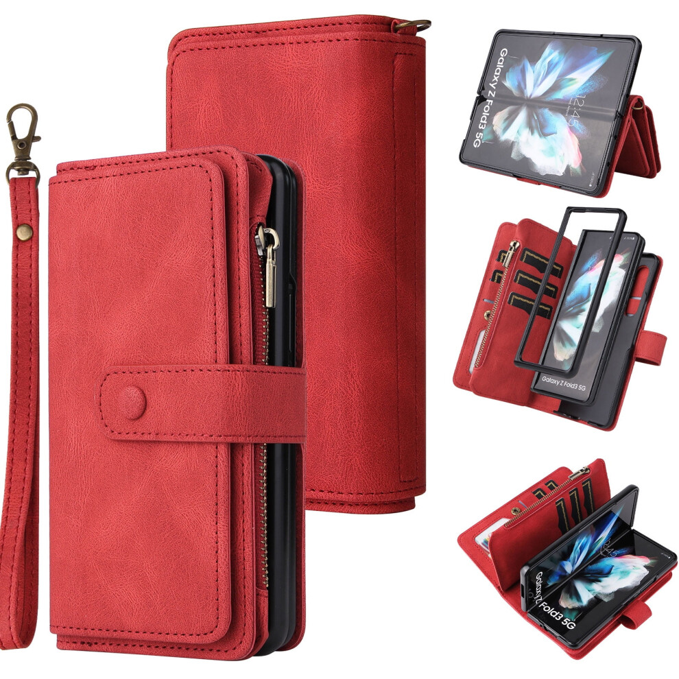 Samsung Galaxy Z Fold 4 5G Wallet Case Â Luxury Leather Folio With Zipper Pocket, Wrist Strap & Kickstand, Red 9479868056602