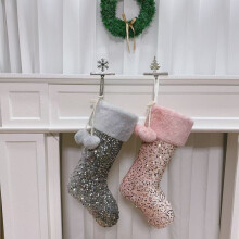 2-Pack Faux Fur Sequins Christmas Stockings with Plush Ball, Sparkly Holiday Decor for Fireplace, Compatible with Xmas Decor