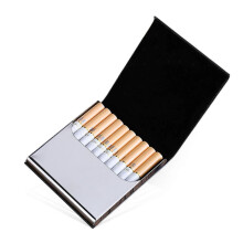 Metallic Cigarette Case, Metal Stainless Steel Tobacco Slim Box with PU Leather Cover and Interior Velvet, Ultra-Slim, Black
