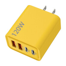 120 W:n keltainen GaN-laturi, jossa on kaksi USB-C- ja kaksi USB-A-liitäntää — Nopea lataus puhelimelle, tabletille ja kannettavalle
